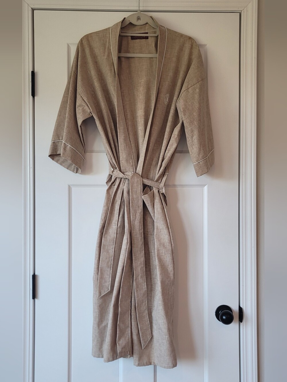 Beige Linen-Blend Sports Club Robe with Tie Belt